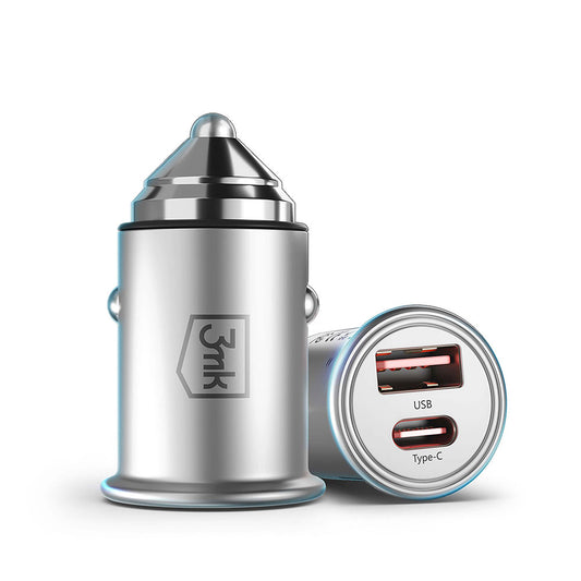 Auto punjač 3MK Hyper, 45W, 3A, 1 x USB-A - 1 x USB-C, Srebrni