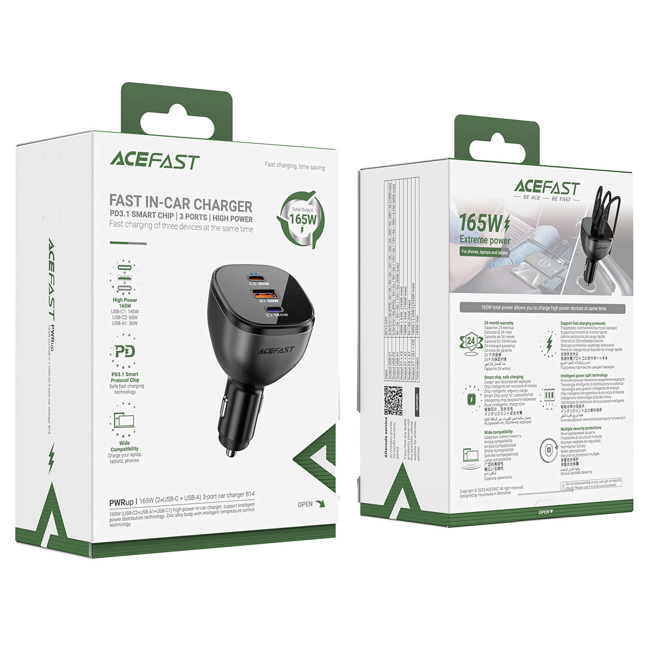 Auto punjač Acefast B14, 165W, 5A, 1 x USB-A - 2 x USB-C, Crni