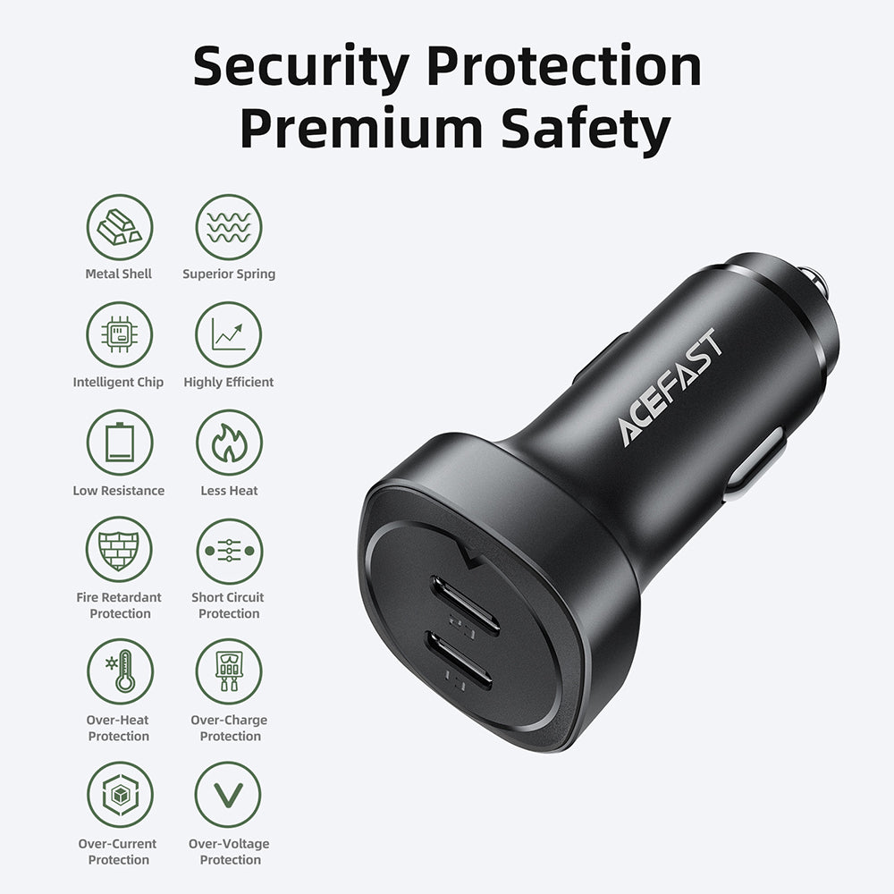 Auto punjač Acefast B2, 72W, 3A, 2 x USB-C, Crni