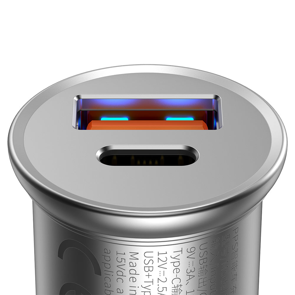 Auto punjač Baseus Circular Metal, 30W, 5A, 1 x USB-A - 1 x USB-C, Sivi