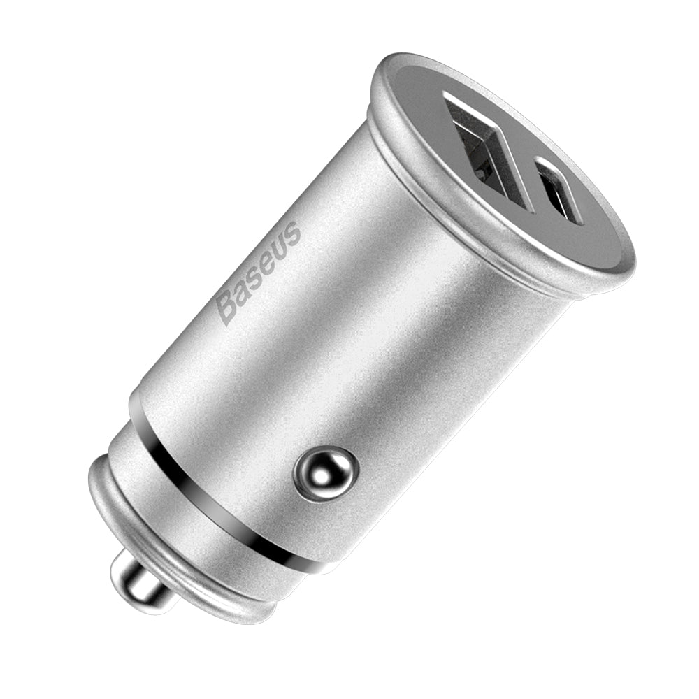Auto punjač Baseus Circular Metal, 30W, 5A, 1 x USB-A - 1 x USB-C, Sivi