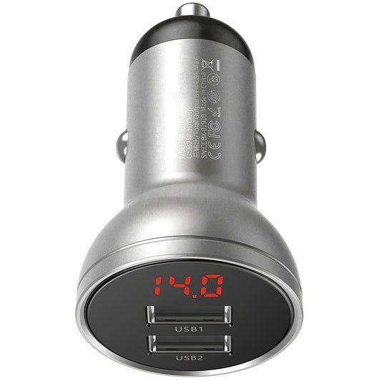 Auto punjač Baseus Digital Display, 24W, 2.4A, 2 x USB-A, Srebrni CCBX-0S