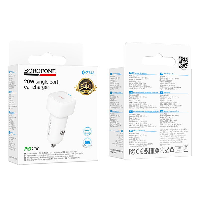 Auto punjač Borofone BZ34A Cloud, 20W, 3A, 1 x USB-C, Bijeli