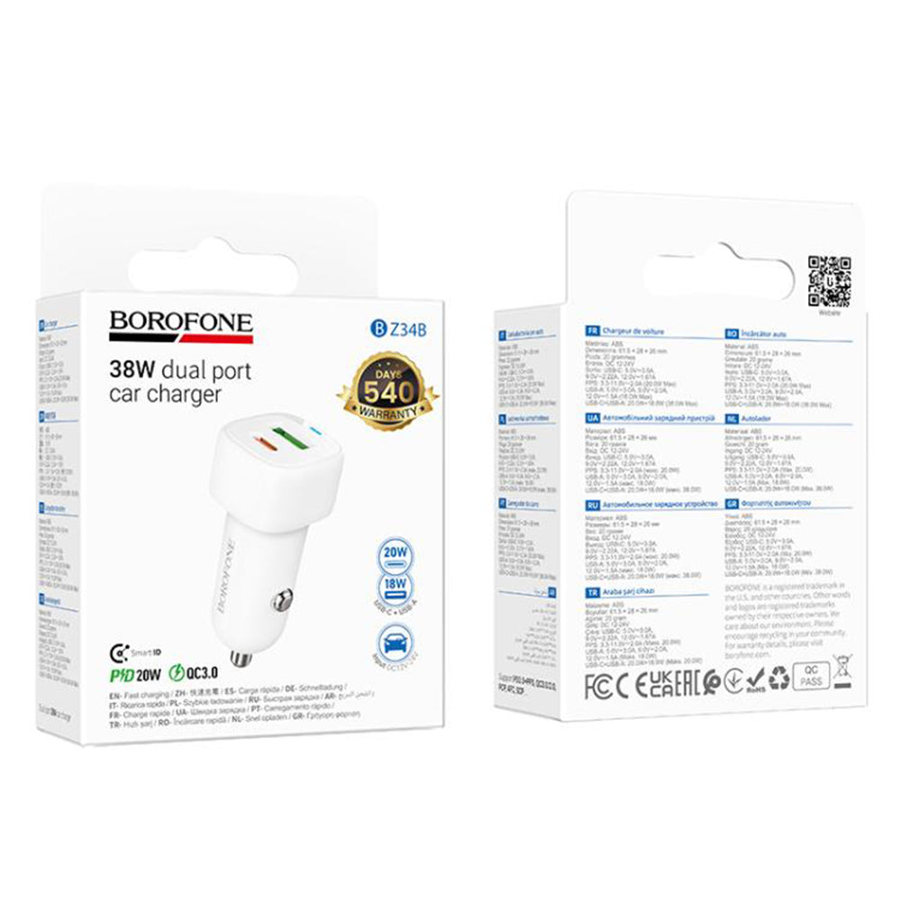 Auto punjač Borofone BZ34B Cloud, 20W, 3A, 1 x USB-A - 1 x USB-C, Bijeli