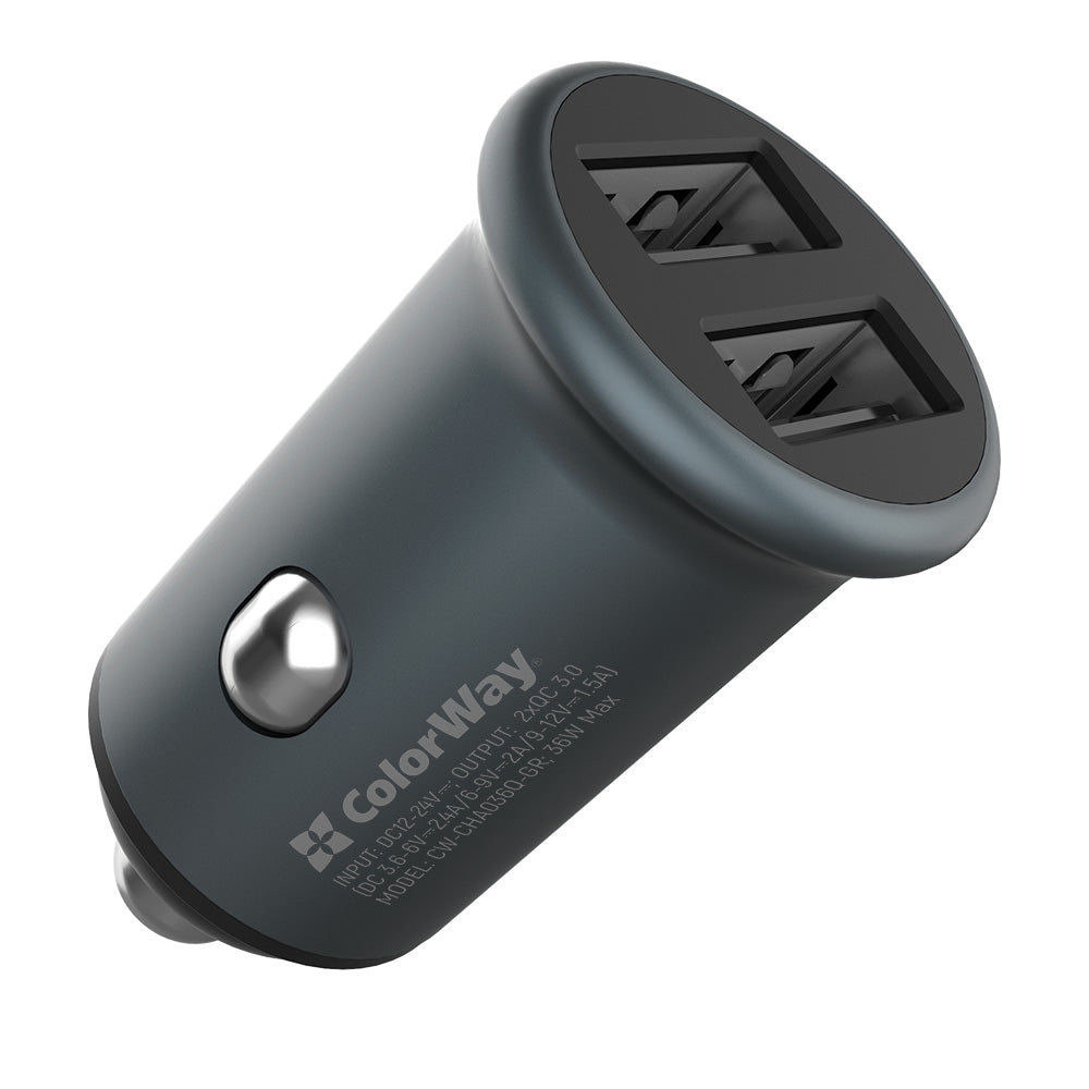 Auto punjač ColorWay, 36W, 3A, 2 x USB-A, Sivi
