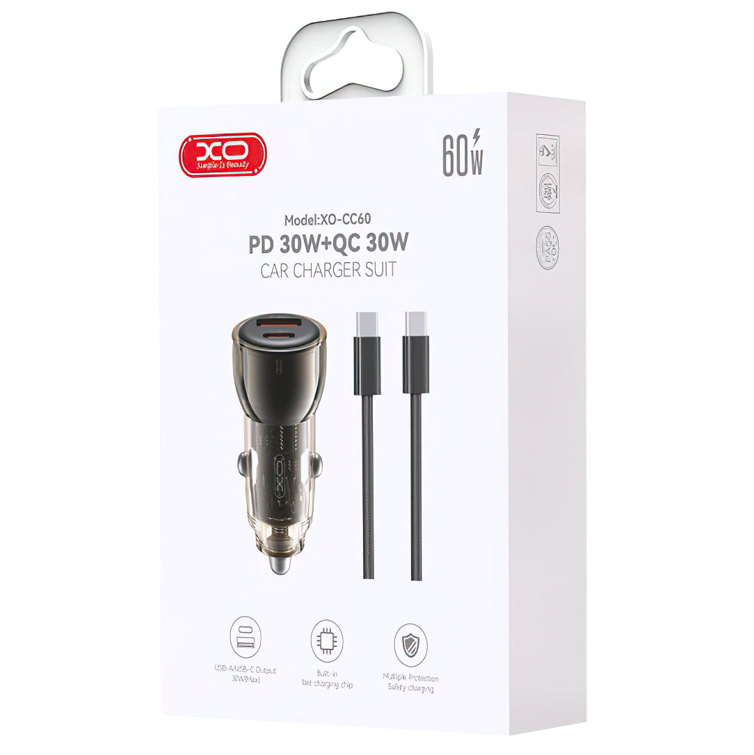 Auto punjač s USB-C kabelom XO Design CC60, 60W, 3A, 1 x USB-A - 1 x USB-C, Crni