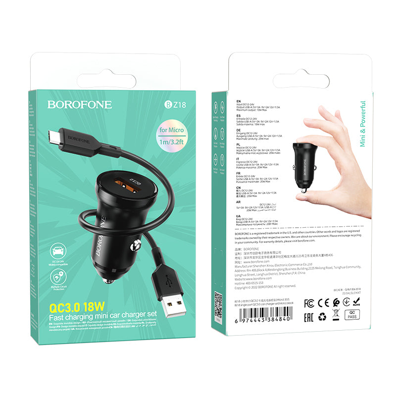 Auto punjač s microUSB kabelom Borofone BZ18, 18W, 3A, 1 x USB-A, Crni