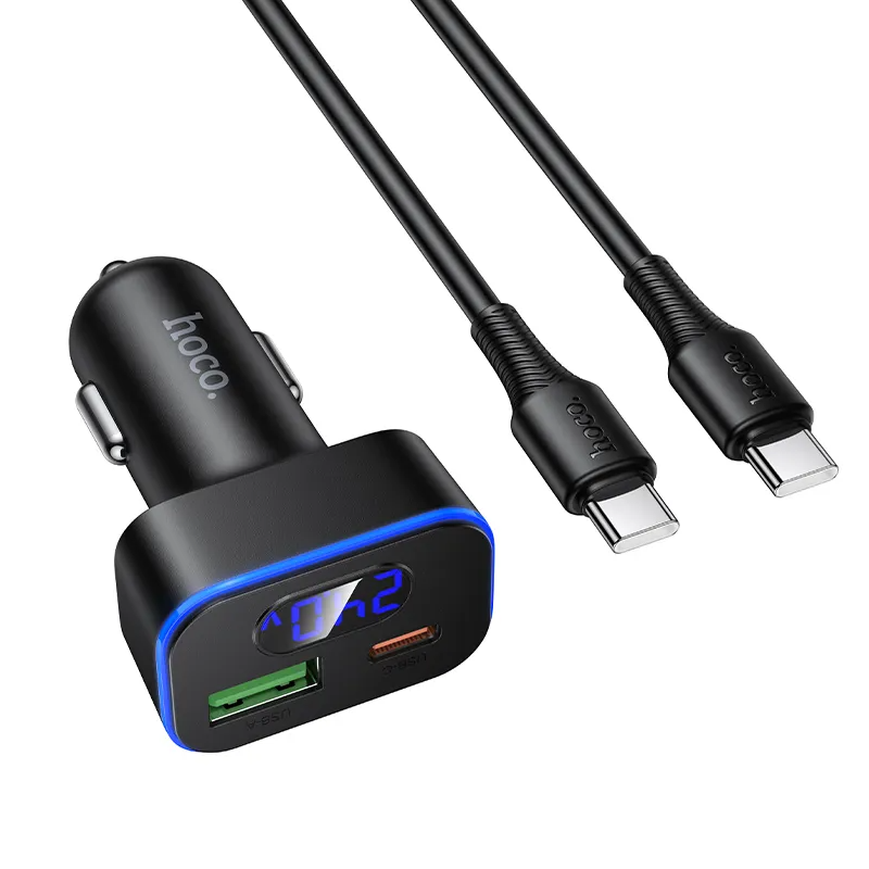 Auto punjač s USB-C kabelom HOCO Z63B Display, 48W, 3A, 1 x USB-A - 1 x USB-C, Crni