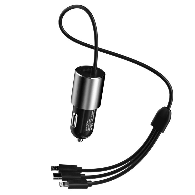 Auto punjač s Lightning / microUSB / USB-C kabelom Dudao R5ProN, 17W, 3.4A, 1 x USB-A, Crni