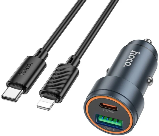 Auto punjač s Lightning kabelom HOCO Z57A, 30W, 3A, 1 x USB-A - 1 x USB-C, Sivi