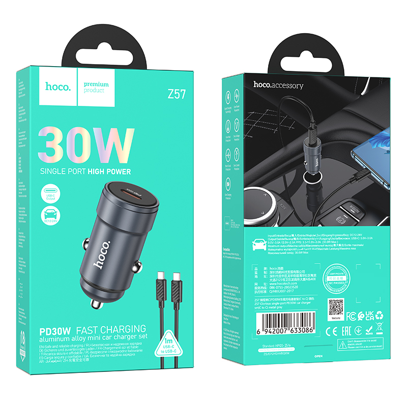 Auto punjač s USB-C kabelom HOCO Z57, 30W, 3A, 1 x USB-C, Siva