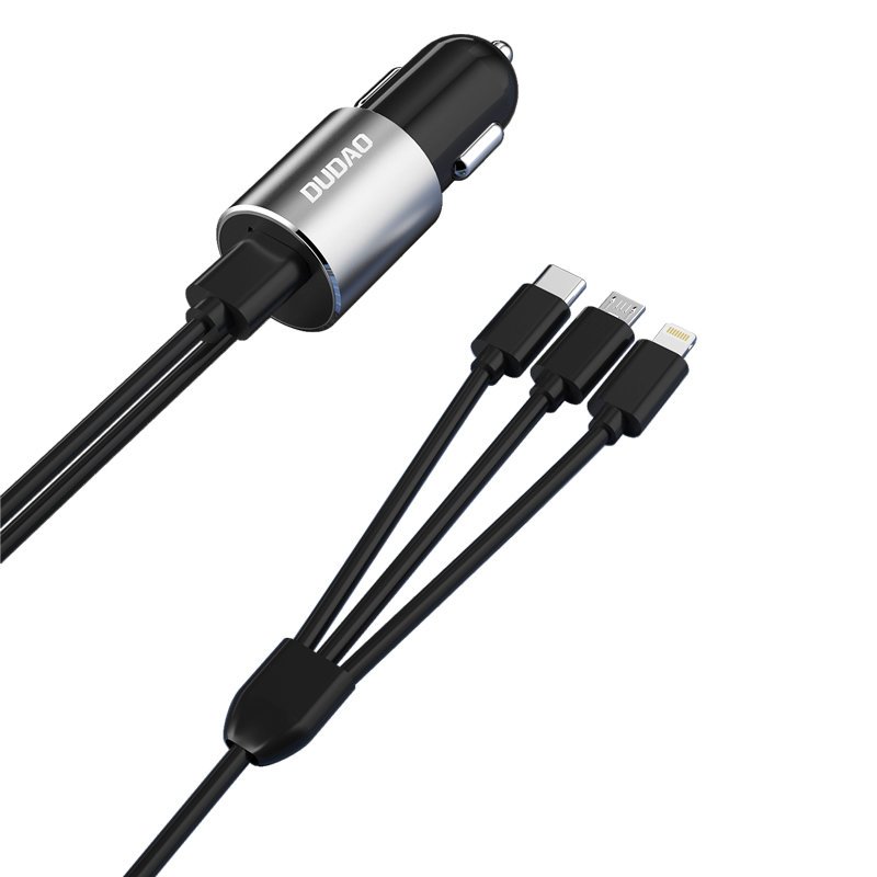 Auto punjač s Lightning / microUSB / USB-C kabelom Dudao R5ProN, 17W, 3.4A, 1 x USB-A, Crni