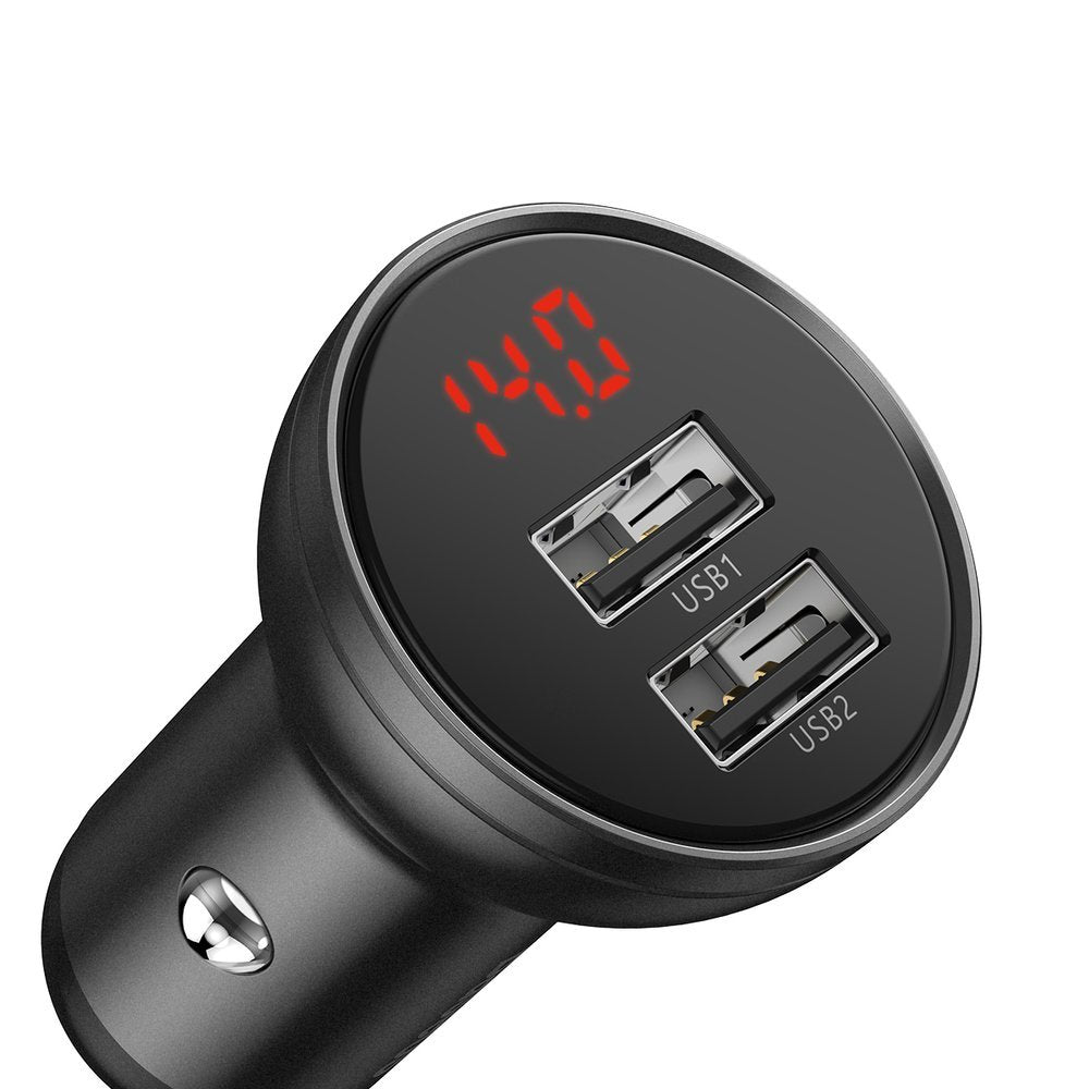 Auto punjač s kabelom Lightning - microUSB - USB-C Baseus Digital Display, 24W, 2.4A, 2 x USB-A, Sivi TZCCBX-0G