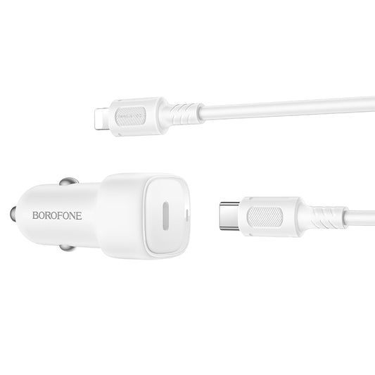 Auto punjač s Lightning kabelom Borofone BZ34B Cloud, 20W, 3A, 1 x USB-A - 1 x USB-C, Bijeli