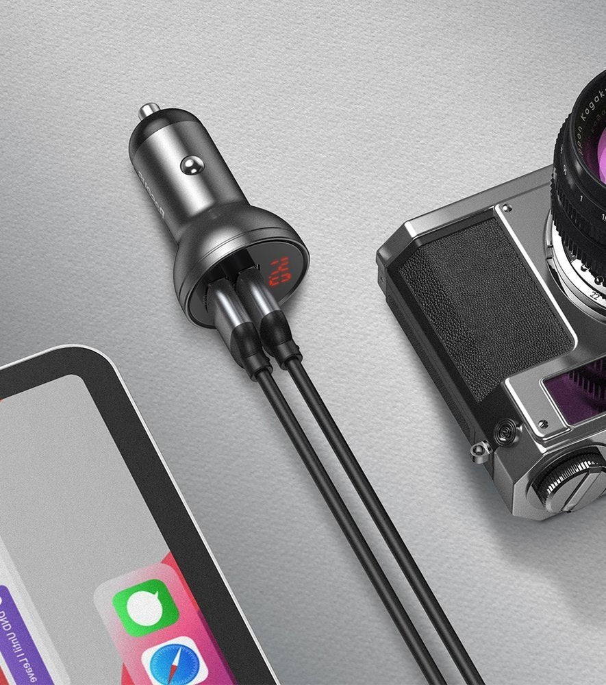 Auto punjač s kabelom Lightning - microUSB - USB-C Baseus Digital Display, 24W, 2.4A, 2 x USB-A, Sivi TZCCBX-0G