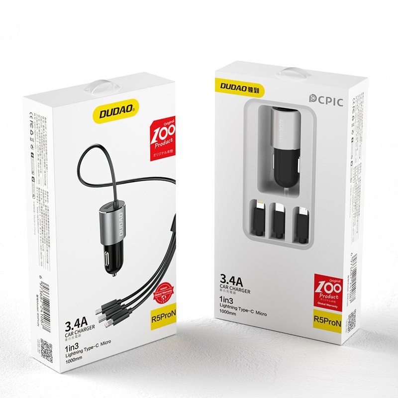 Auto punjač s Lightning / microUSB / USB-C kabelom Dudao R5ProN, 17W, 3.4A, 1 x USB-A, Crni