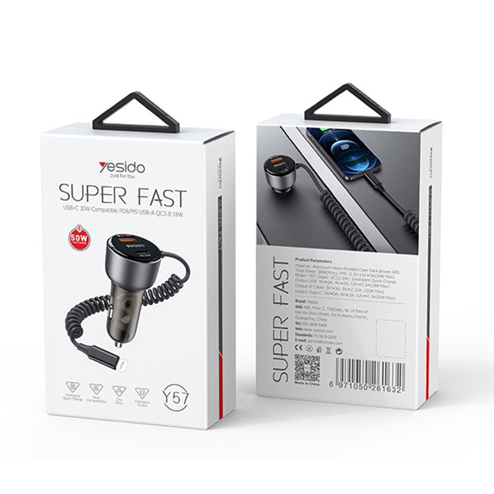 Auto punjač s Lightning kabelom Yesido Y57, 50W, 3A, 1 x USB-A - 1 x USB-C, Crni