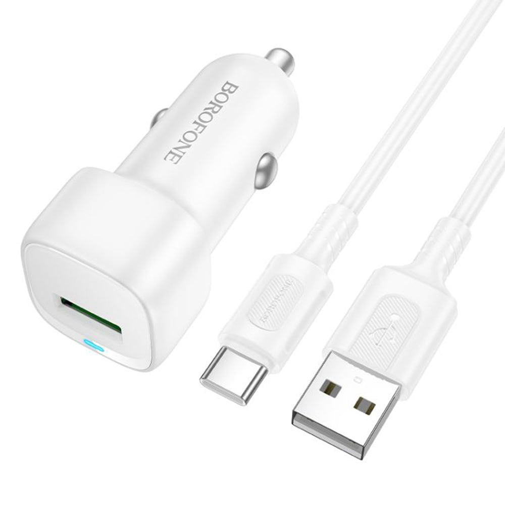 Auto punjač s USB-C kabelom Borofone BZ34 Cloud, 18W, 3A, 1 x USB-A, Bijeli