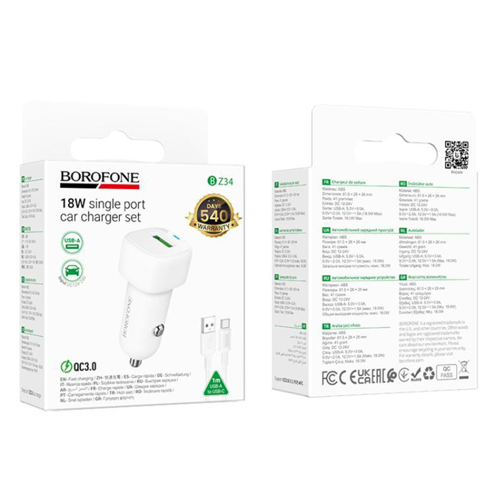 Auto punjač s USB-C kabelom Borofone BZ34 Cloud, 18W, 3A, 1 x USB-A, Bijeli