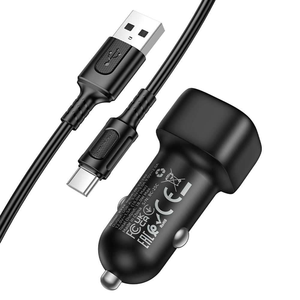 Auto punjač s USB-C kabelom Borofone BZ34 Cloud, 18W, 3A, 1 x USB-A, Crni
