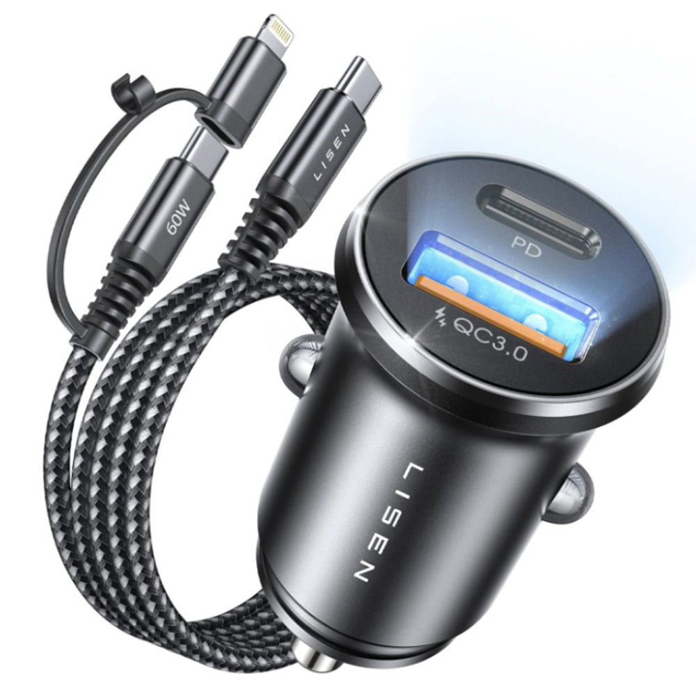 Auto punjač s USB-C / Lightning kabelom Lisen, 48W, 3A, 1 x USB-A - 1 x USB-C, Crni YL0223080035