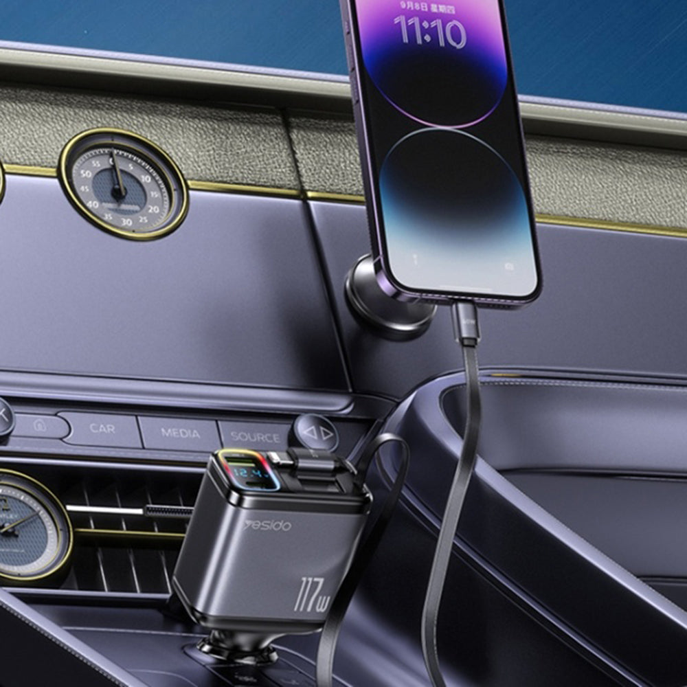 Auto punjač s USB-C / Lightning kabelom Yesido Y63 Display, 117W, 3A, 1 x USB-A - 1 x USB-C, Sivi