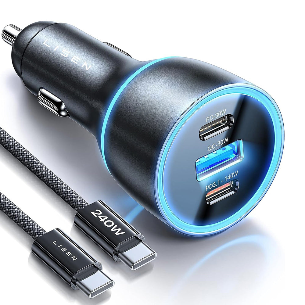 Auto punjač s USB-C kabelom Lisen, 170W, 5A, 1 x USB-A - 2 x USB-C, Crni YL0224010001