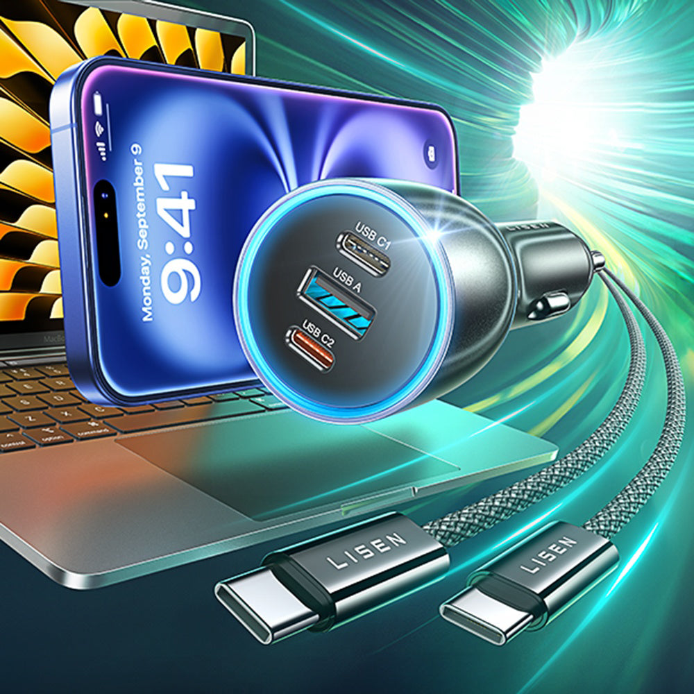 Auto punjač s USB-C kabelom Lisen, 170W, 5A, 1 x USB-A - 2 x USB-C, Crni YL0224010001