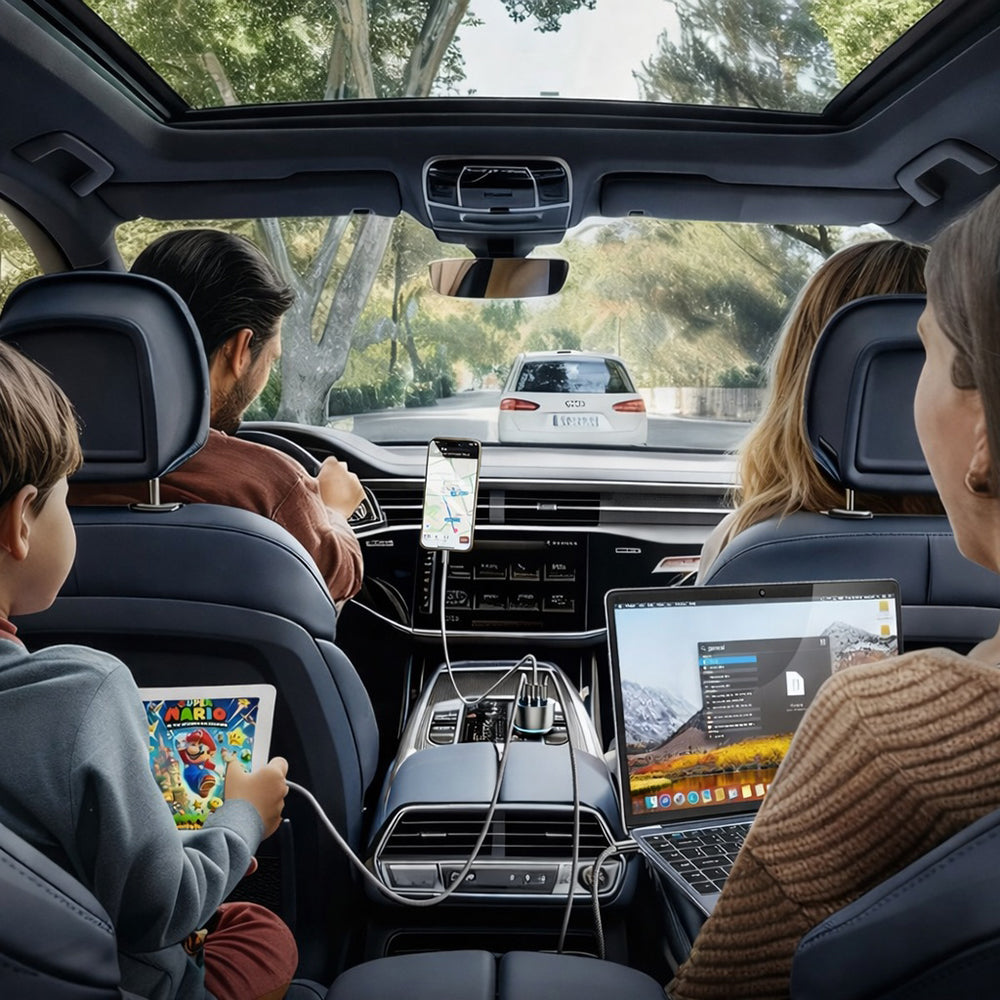 Auto punjač s USB-C kabelom Lisen, 170W, 5A, 1 x USB-A - 2 x USB-C, Crni YL0224010001