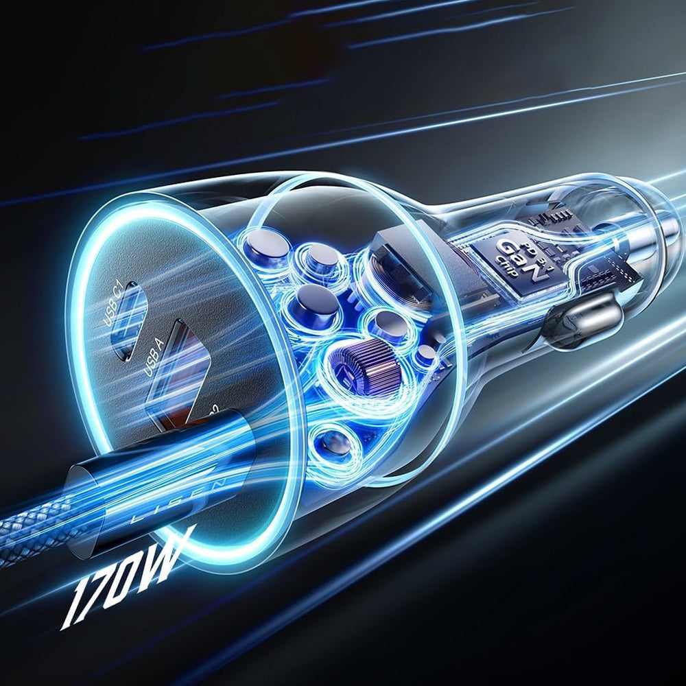 Auto punjač s USB-C kabelom Lisen, 170W, 5A, 1 x USB-A - 2 x USB-C, Crni YL0225060006