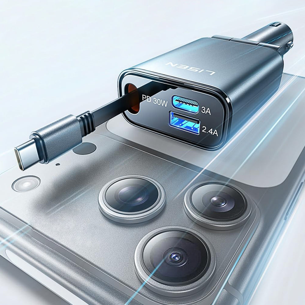 Auto punjač s USB-C kabelom Lisen, 57W, 3A, 1 x USB-A - 1 x USB-C, Crni YL0325010016