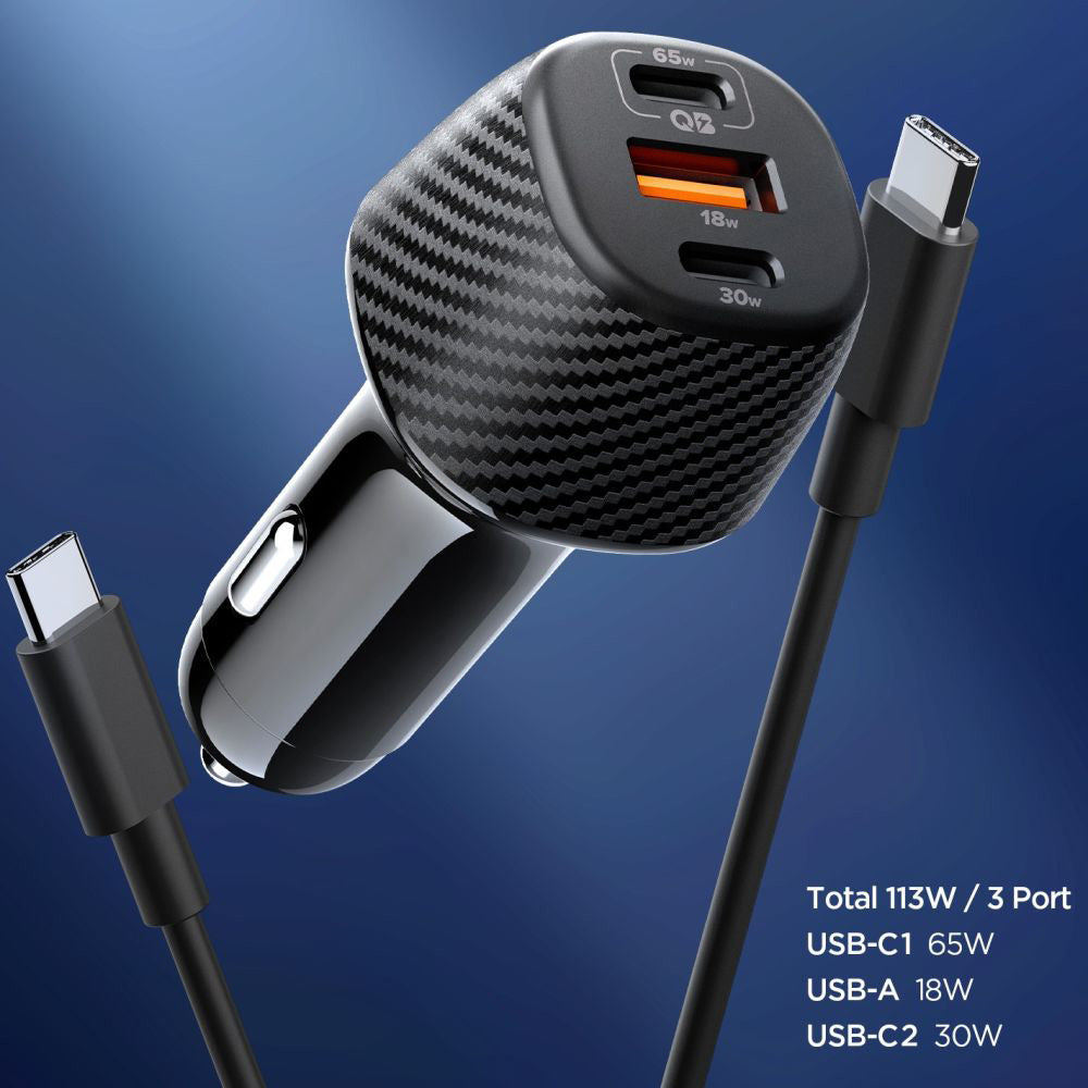 Auto punjač sa USB-C kabelom Spigen EV1133, 113W, 3.25A, 1 x USB-A - 2 x USB-C, Crni