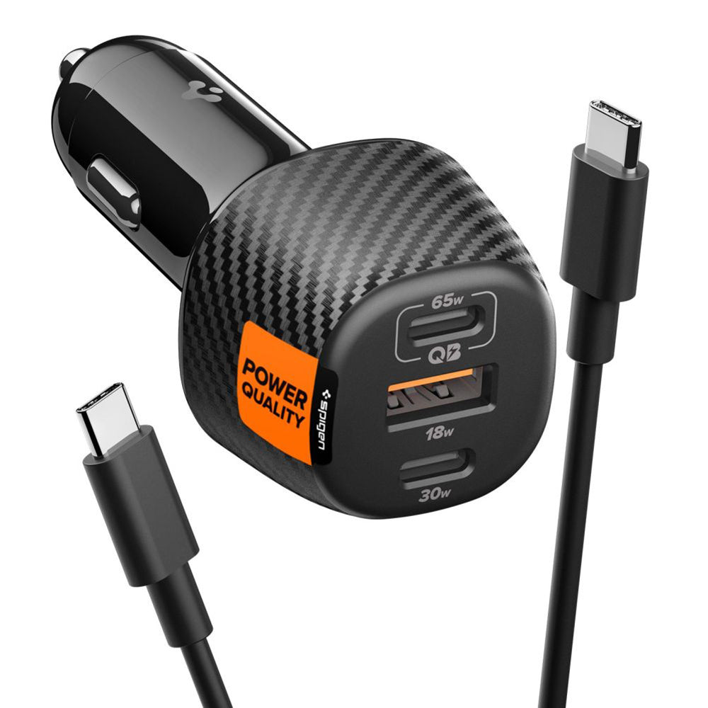 Auto punjač sa USB-C kabelom Spigen EV1133, 113W, 3.25A, 1 x USB-A - 2 x USB-C, Crni