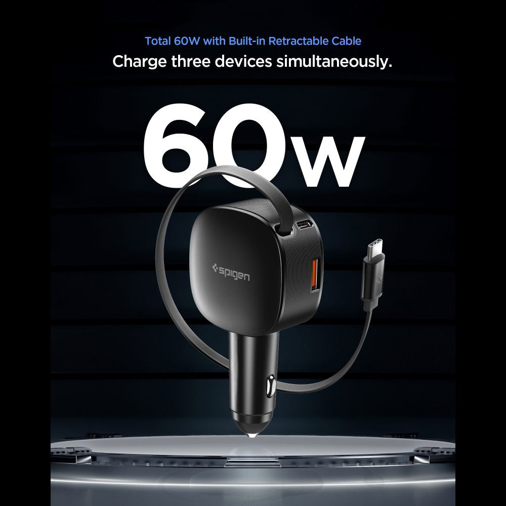 Auto punjač s USB-C kabelom Spigen EV603BT Essential, 60W, 3A, 1 x USB-A - 1 x USB-C, Crni ACP10515