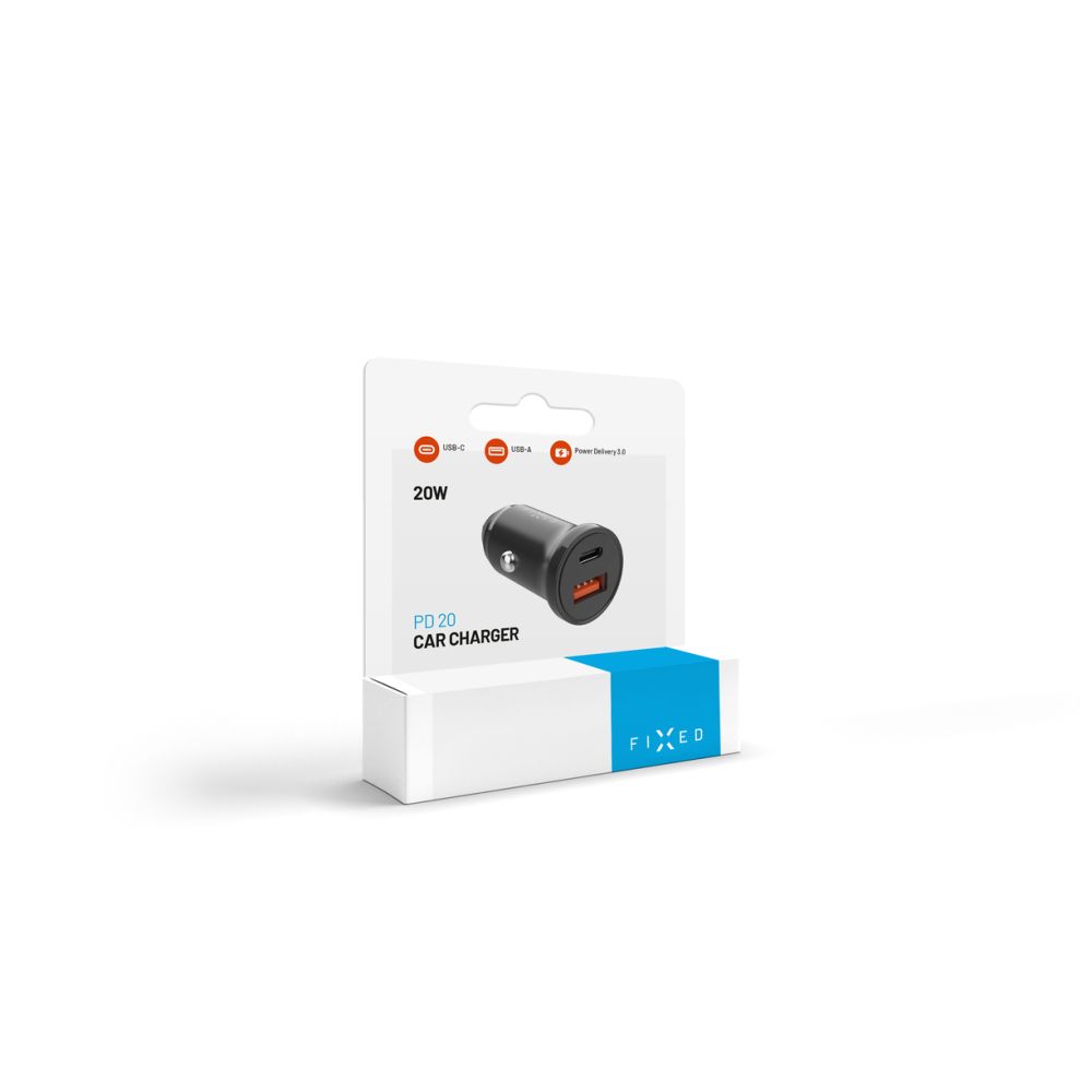 Auto punjač Fixed, 20W, 3A, 1 x USB-A - 1 x USB-C, Crni