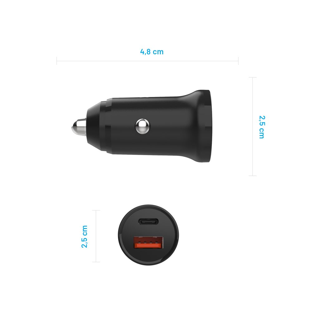 Auto punjač Fixed, 20W, 3A, 1 x USB-A - 1 x USB-C, Crni