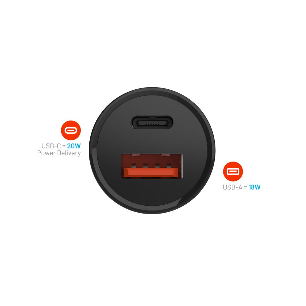Auto punjač Fixed, 20W, 3A, 1 x USB-A - 1 x USB-C, Crni
