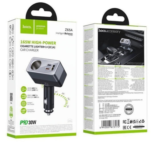 Auto punjač HOCO Z65A, 165W, 3A, 1 x Produžetak za upaljač - 1 x USB-A - 2 x USB-C, Crna