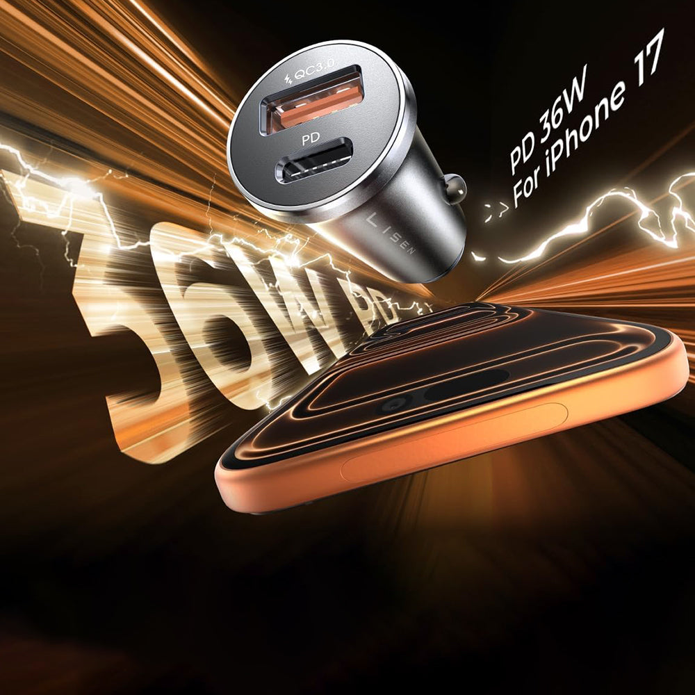 Auto punjač Lisen, 36W, 3A, 1 x USB-A - 1 x USB-C, Crni YL0223090002