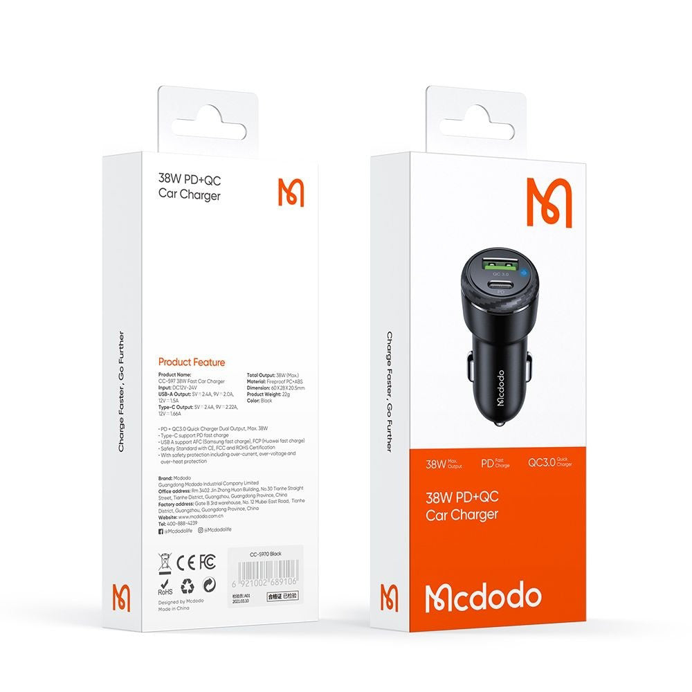 Auto punjač McDodo CC-5970, 38W, 3A, 1 x USB-A - 1 x USB-C, Crni