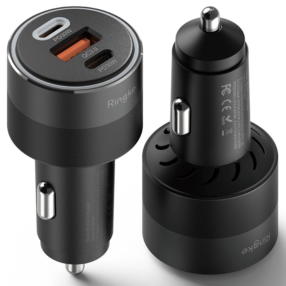 Auto punjač Ringke, 30W, 3A, 1 x USB-A - 2 x USB-C, Crni