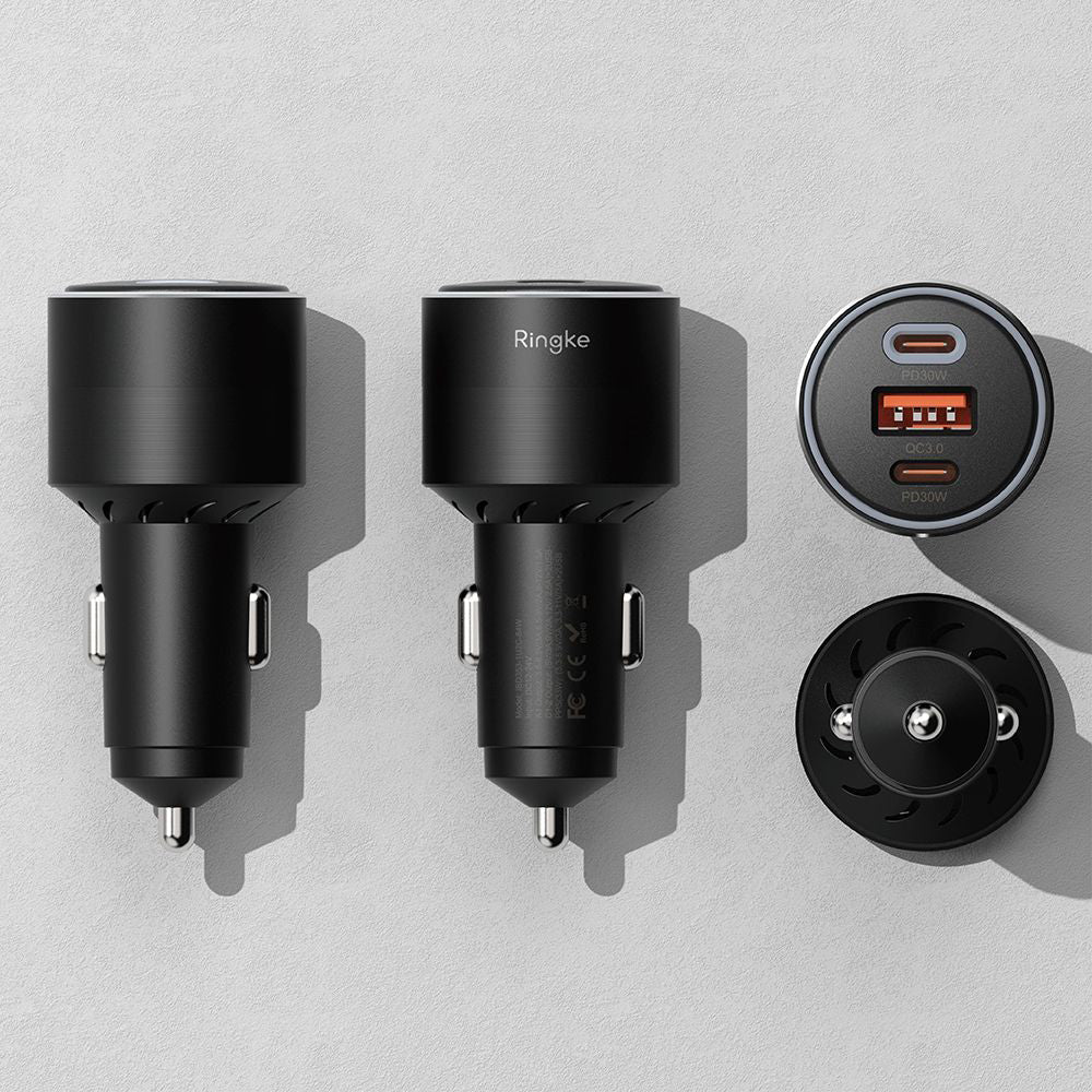 Auto punjač Ringke, 30W, 3A, 1 x USB-A - 2 x USB-C, Crni