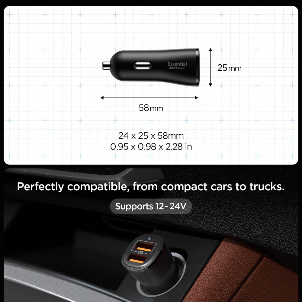 Auto punjač Spigen EV302 Essential, 30W, 3A, 2 x USB-A, Crni ACP08700