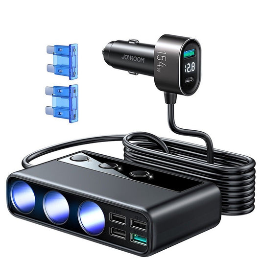 Auto punjač Joyroom JR-CL06, 154W, 3A, 1 x USB-C - 4 x Utičnica za upaljač - 4 x USB-A, Crni JYR058BLK