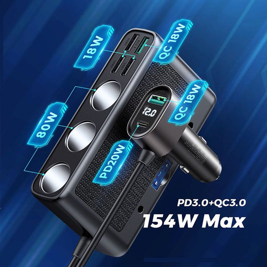 Auto punjač Joyroom JR-CL06, 154W, 3A, 1 x USB-C - 4 x Utičnica za upaljač - 4 x USB-A, Crni JYR058BLK