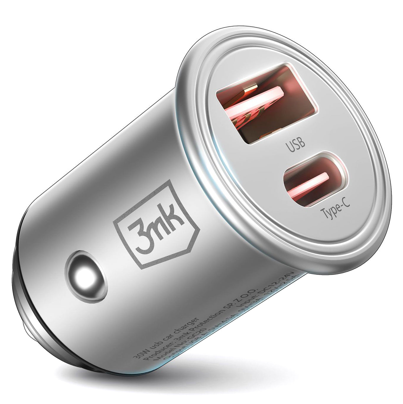 Auto punjač 3MK HyperCharger, 30W, 5A, 1 x USB-A - 1 x USB-C, Srebrni