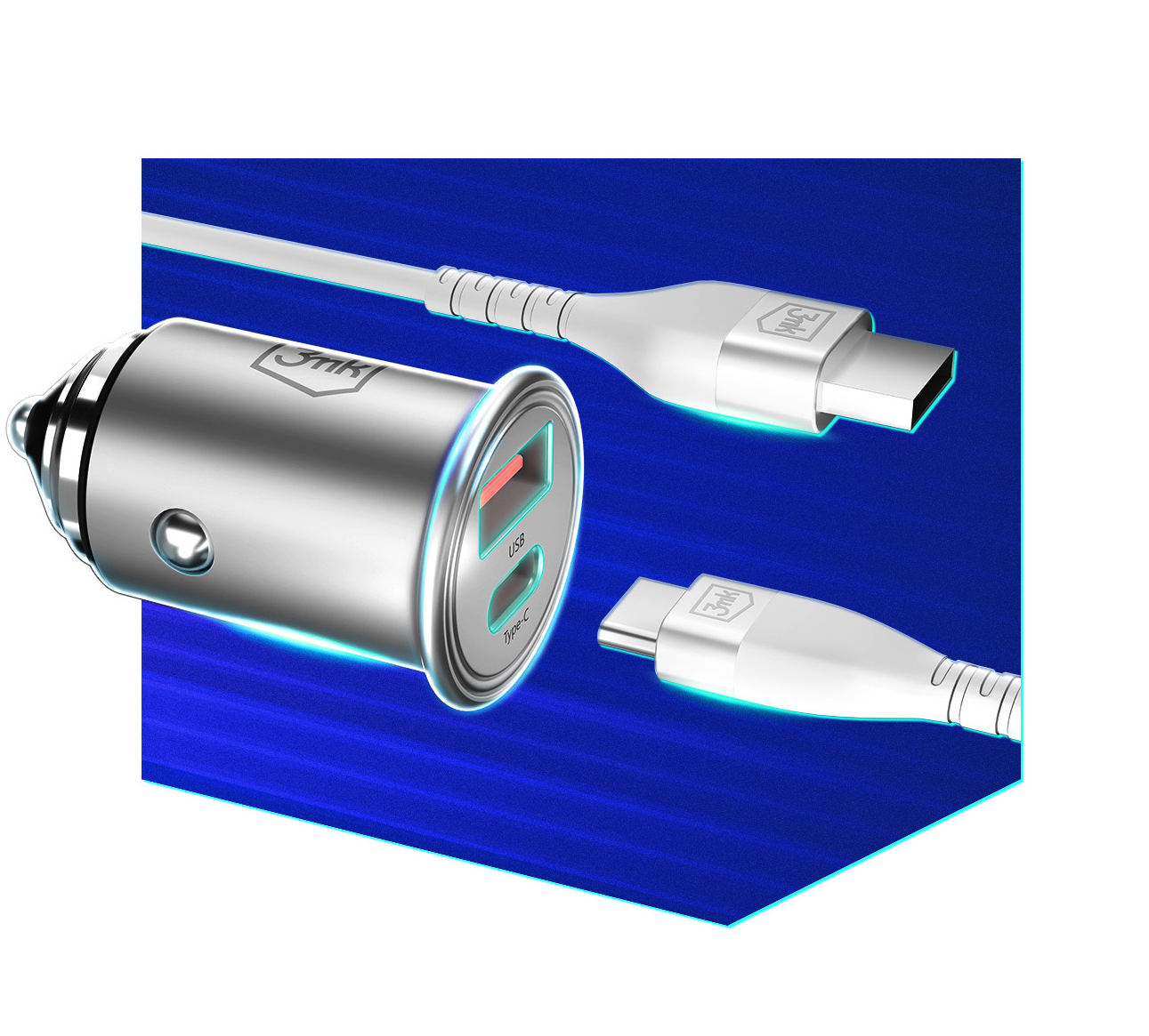 Auto punjač 3MK HyperCharger, 30W, 5A, 1 x USB-A - 1 x USB-C, Srebrni