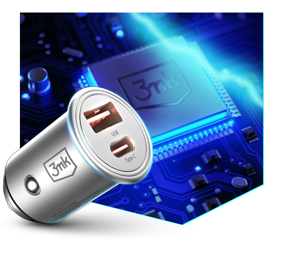 Auto punjač 3MK HyperCharger, 30W, 5A, 1 x USB-A - 1 x USB-C, Srebrni