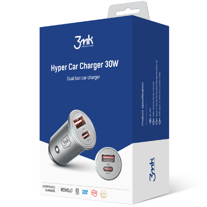 Auto punjač 3MK HyperCharger, 30W, 5A, 1 x USB-A - 1 x USB-C, Srebrni