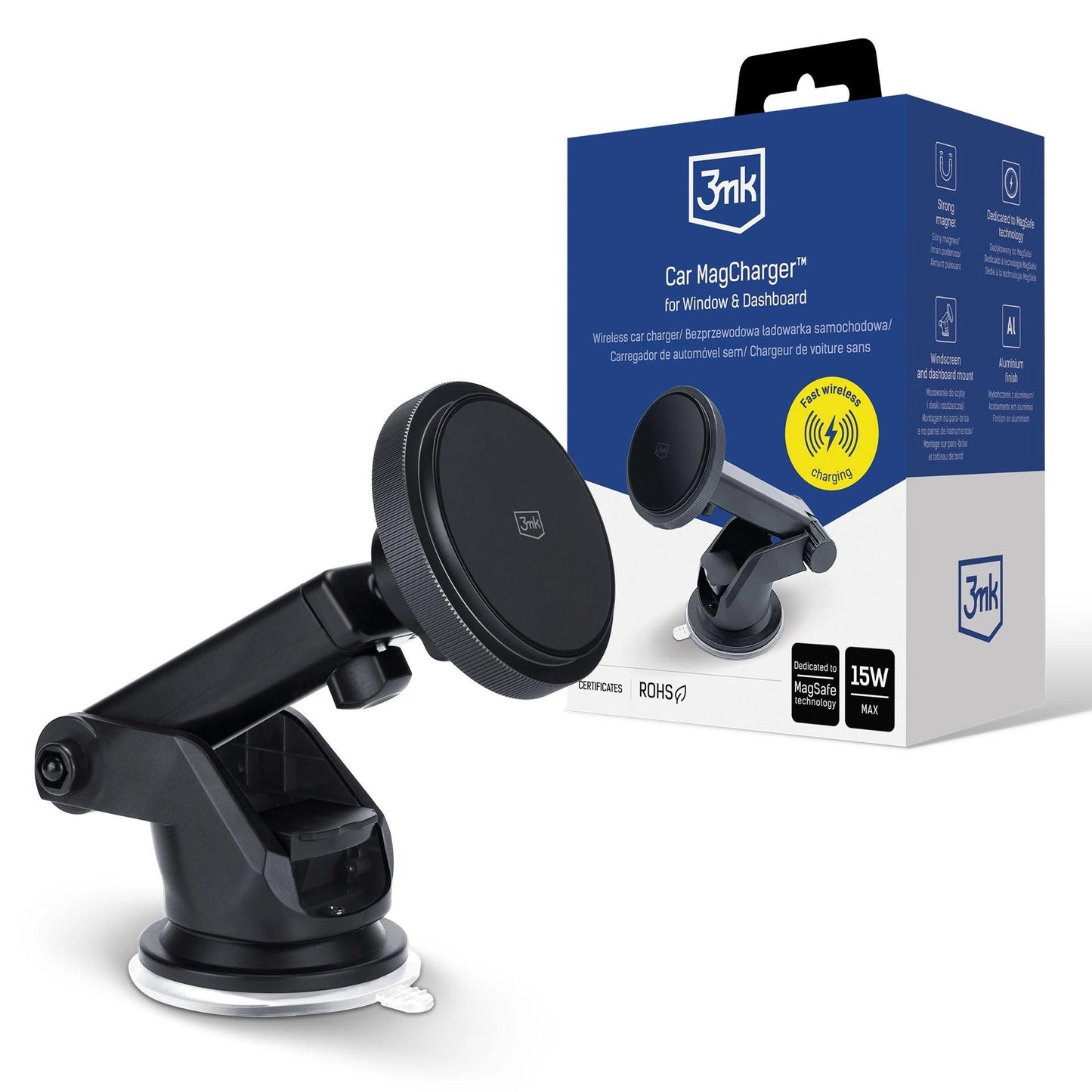 Bežični auto punjač 3MK MagCharger, 15W, 1.67A, Crni